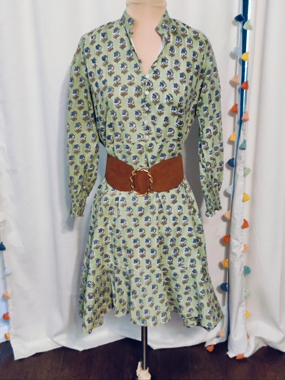 India Color Block Cotton Babydoll Mini Dress Full Sleeves Pockets Green Floral